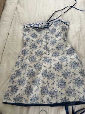 With Jean White Dress with Blue Floral Print and Trim